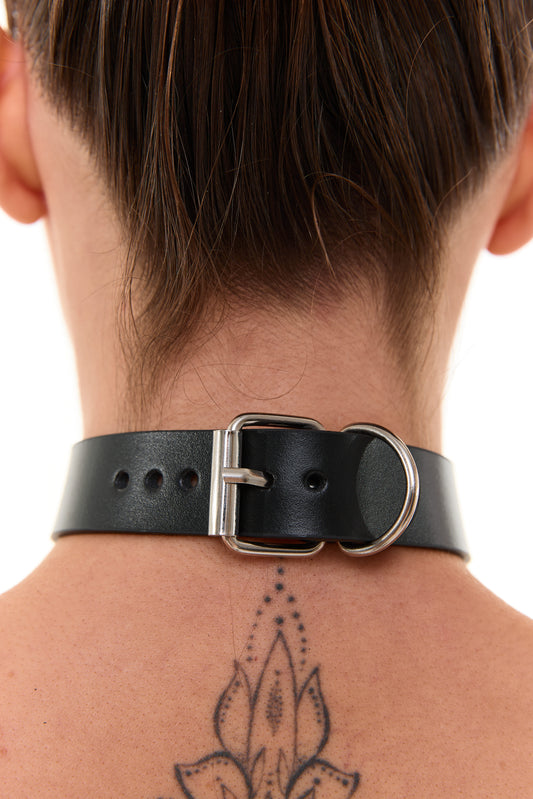 Double-Layer Leather Choker with O-Ring Noir